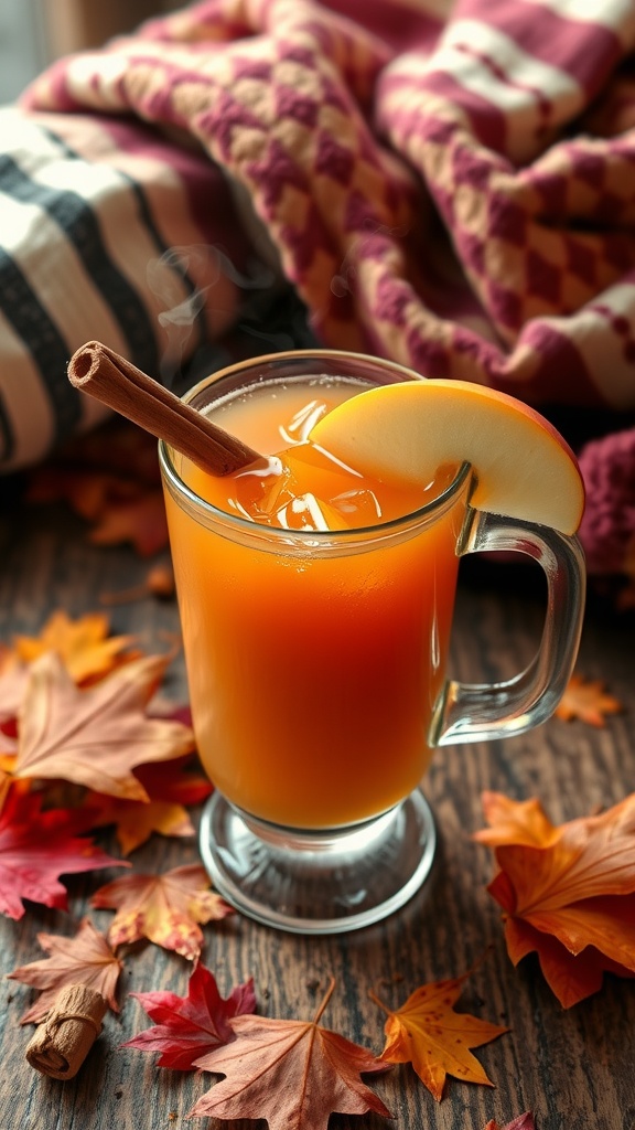 A spiced apple cider cocktail with cinnamon stick and apple slices, surrounded by fall decor.